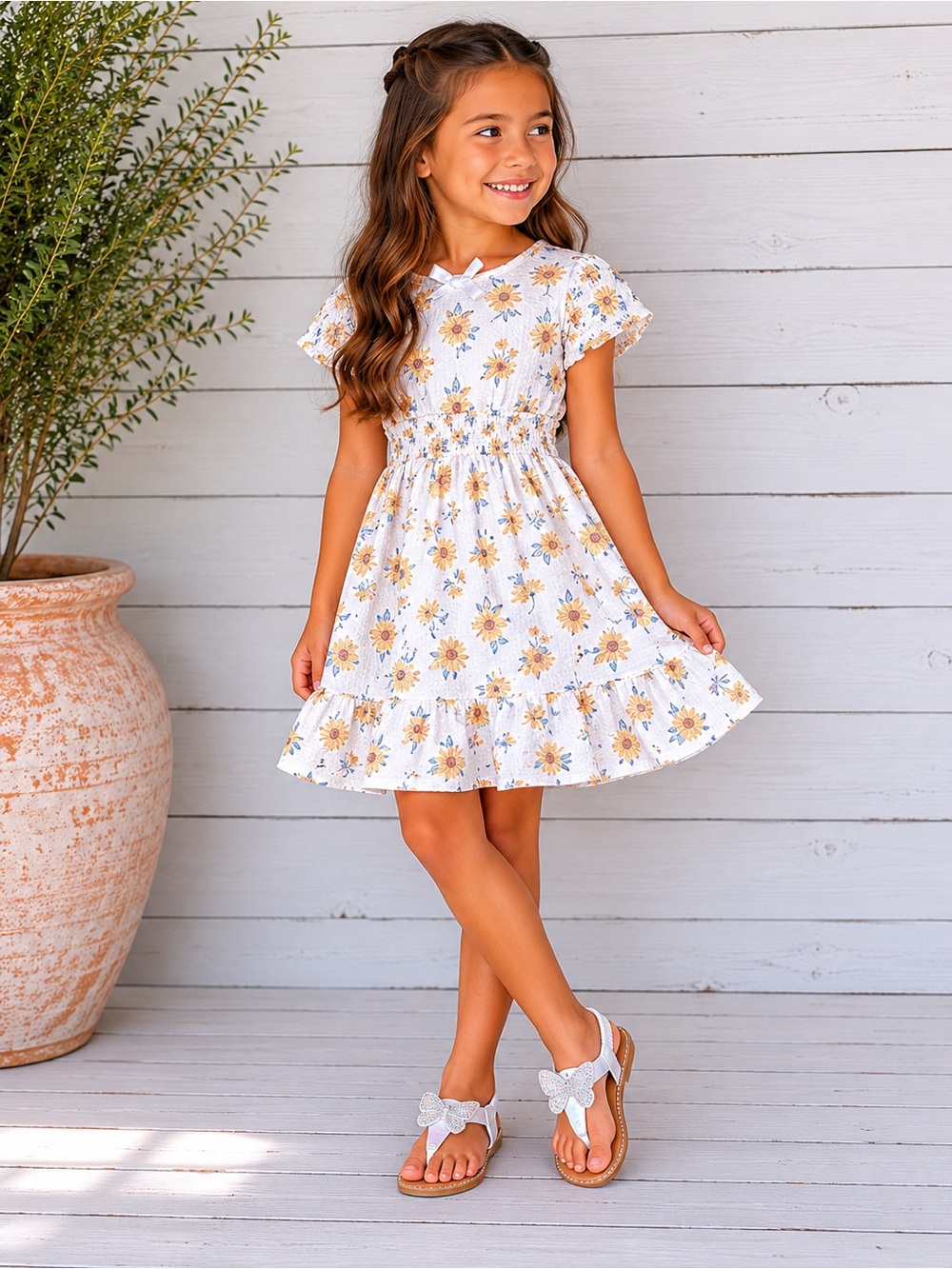 Little Lass Floral Flutter Sleeve Ruffle Hem Dress Back Bow Accent Size 6